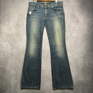 7FAM Womens Flare Blue Jeans - size 31 - 100% Cotton Distressed Made USA Denim